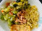Repas bébé dès 12 mois - Courgettes carottes navet choux de Bruxelles farfalles saumon et flan de légumes