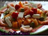 Salade de melon/feta/olive/crevette