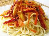 Spaghetti au poulet, poivron, carotte