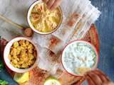 Mezze (Hummus, Khiyar bil ben, courgettes à l'ail, pois-cassés façon hummus)
