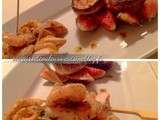 Brochettes poulet et crevettes champignons farcis aux parmesan et figues rôties