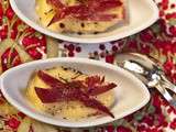 Cuillères apéritives de Noël : crème de rutabaga parfumée à la truffe et filets croustillants de canard
