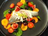 Loup a la plancha, aux fruits et legumes d’été