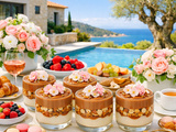 Version brunch floral - verrines crème, muesli et ganache chocolat/caramel