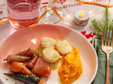 Saint-Jacques poêlées au citron, purée de carottes chantenay, carottes glacées
