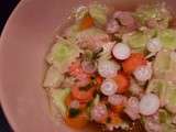 Ravioles du dauphiné en bouillon safrané aux crevettes et petits légumes