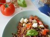 Salade de petit épeautre aux deux tomates, mozzarella et olives noires