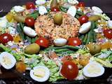 Salade complète composée : crudités, légumes et oeufs de caille