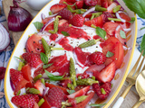 Salade burrata tomates asperges et framboises