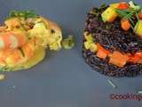 Riz noir de Camargue aux petits légumes et crevettes dans un esprit nordique