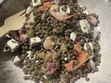 Salade verte de lentilles aux crevettes et saumon fume