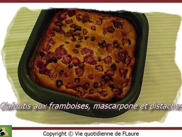 Gâteau pistaches et framboises, crème mascarpone à l'orange