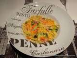 Spaghetti aux légumes colorés et lardons