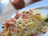 Carbonara de spaghetti au saumon fume, brocoli et crevettes grises